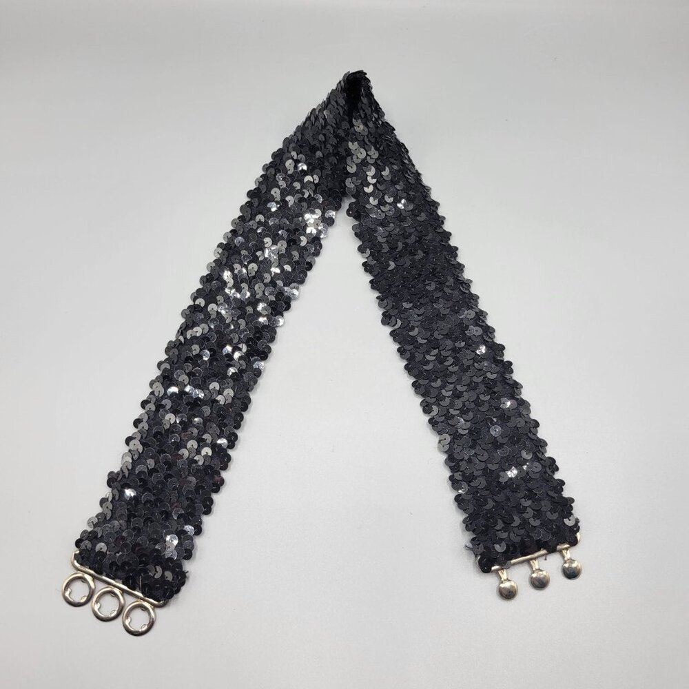 Vintage Black Sequin Elastic Stretch Belt Metal Clasp Closure Clubwear - Picture 4 of 6